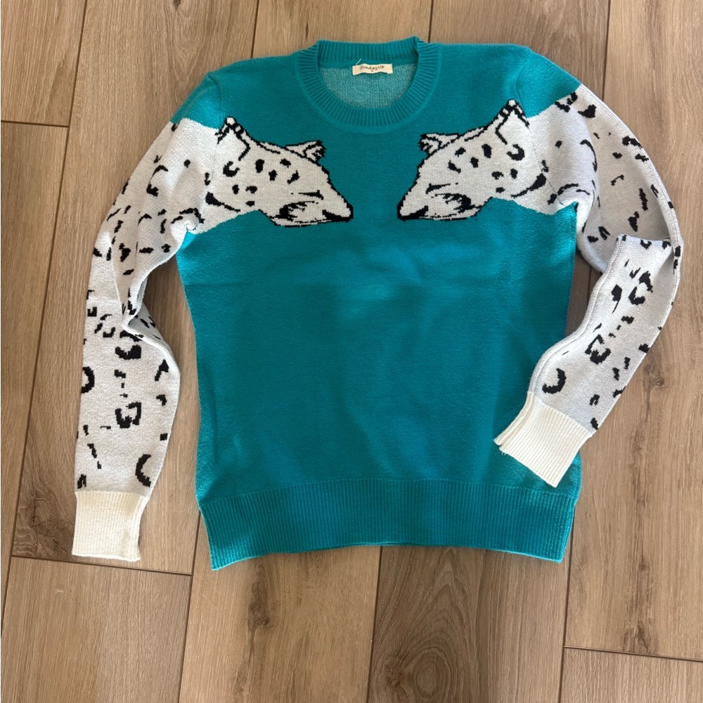 Sunday Teal Sweater with White Leopard Design